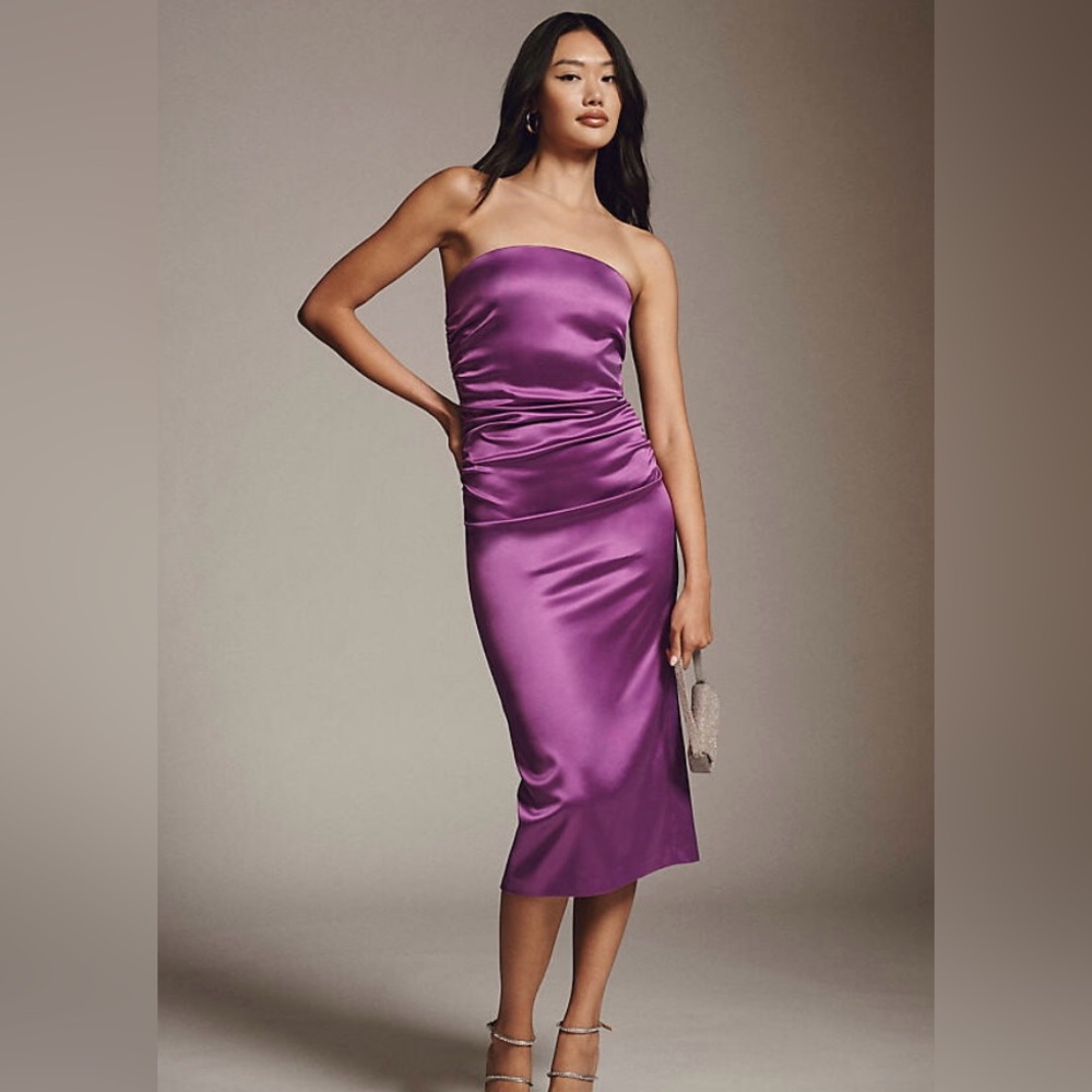 BHLDN Selena Strapless Stretch Satin Slip Ruched Midi Dress Purple Size Medium